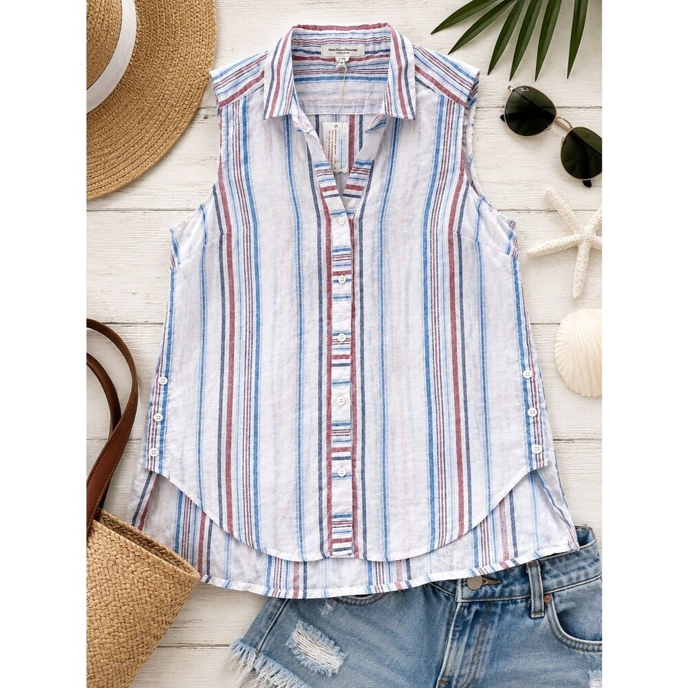 BeachLunchLounge Linen Blend Sleeveless Tunic Top S Coastal Stripe Hi Low NWT